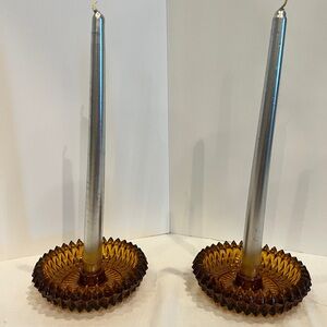 Amber antique carnival glass.  Glass Candle.  Silver Candles not included.
